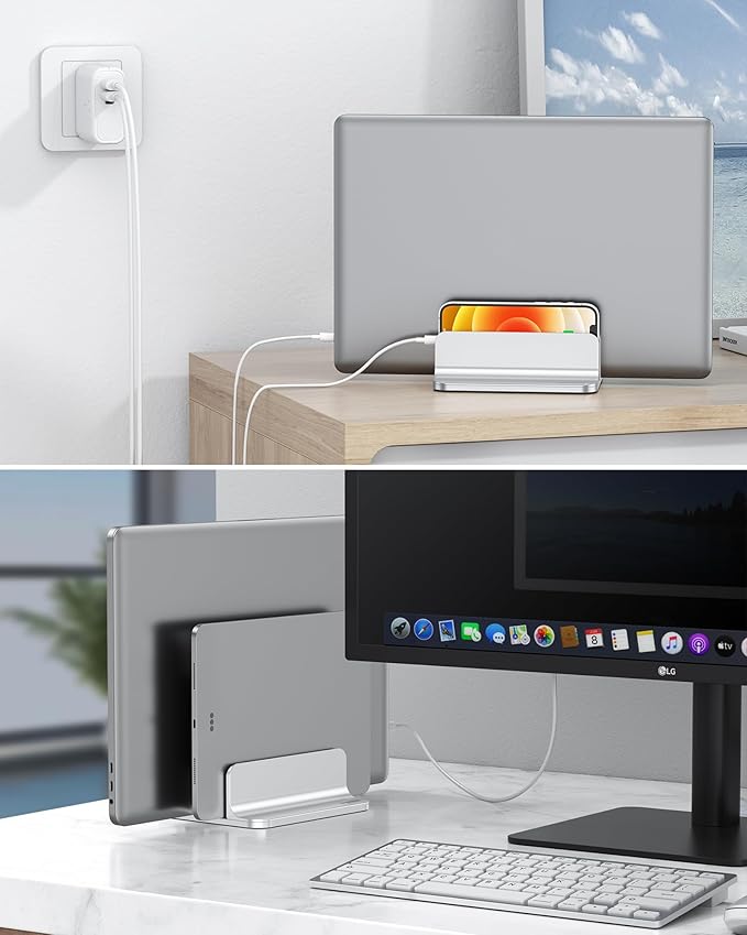 OMOTON [Updated Dock Version] Vertical Laptop Stand, Double Desktop Stand Holder with Adjustable Dock (Up to 17.3 inch), Fits All MacBook/Surface/Samsung/HP/Dell/Chrome Book (Silver)