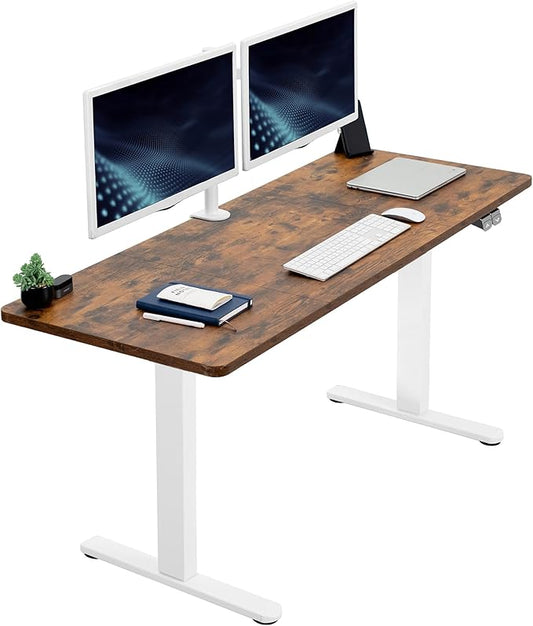 VIVO Electric 60 x 24 inch Stand Up Desk, Height Adjustable, Rustic Vintage Brown Top White Frame, Home and Office Furniture Sets, DESK-KIT-W06N