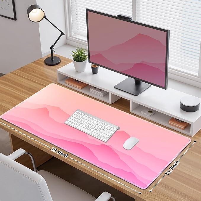 Desk Mat for Keyboard and Mouse, Large Mouse Pad Non-Slip Keyboard Pad, Computer Mats for Desktop, Cute Desk Pad with Stitched Edges for Office, Gaming I Pink Mountains