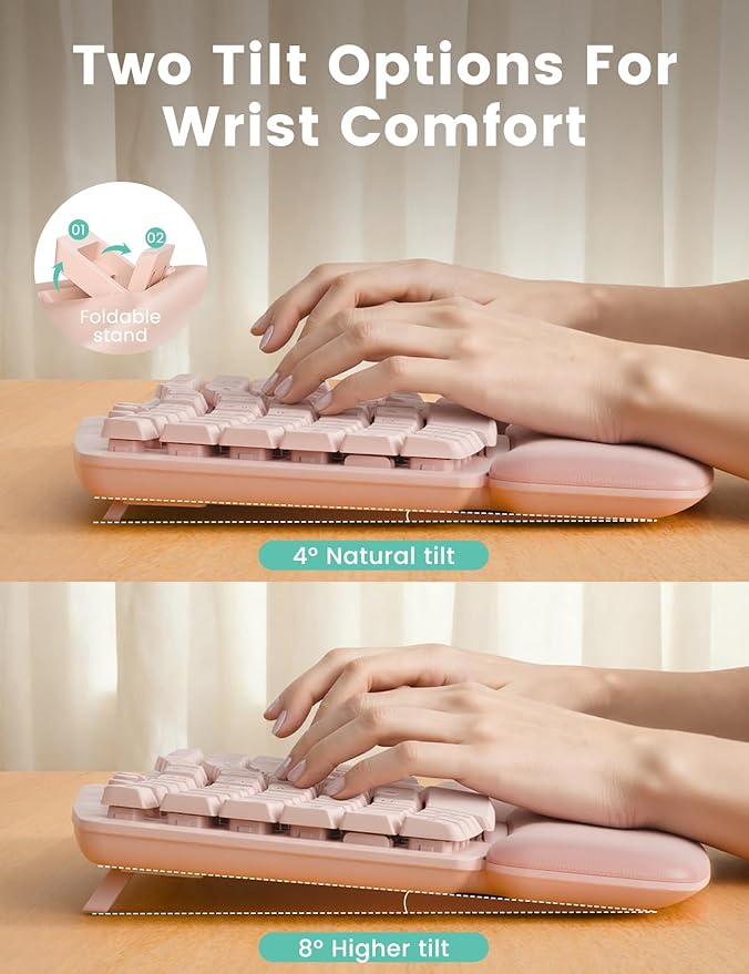 Pink Wireless Keyboard and Mouse Combo, 30dB Quiet Ergonomic Wave Keyboard Set with Soft Leather Palm Rest, Dual-System Switch for Windows/Mac, Ideal for Business Teams Home Office - SABLUTE MA41