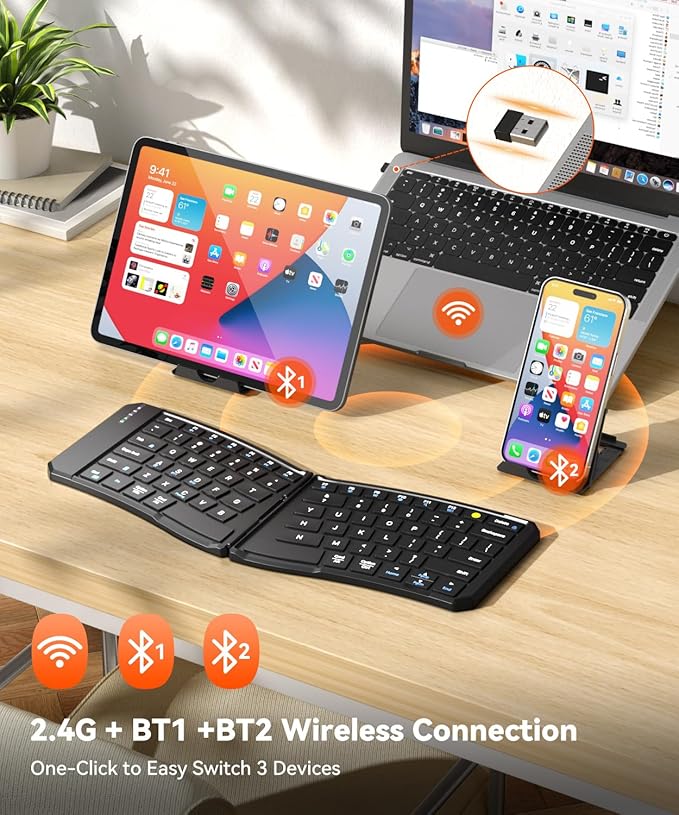 Ergonomic Foldable Keyboard, Portable Folding Travel Bluetooth Keyboard for Business and Travel, 3 Devices Dual-Mode(2.4G+BTx2) Ultra Slim Wireless Keyboards for Windows, iOS, Android, Use on the Leg