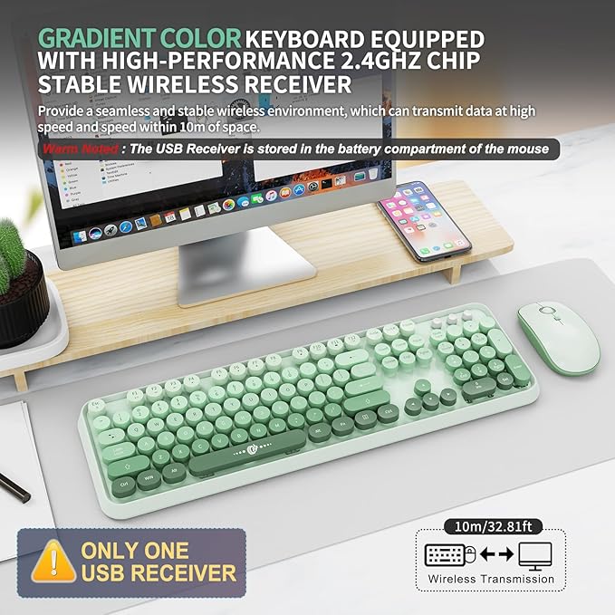 Wireless Keyboard and Mouse | Cute Colorful Keyboard and Mouse with 2.4GHz Cordless Retro Typewriter Keyboard | Auto-Sleep | USB Receiver for Windows PC/Laptop - Green Gradient