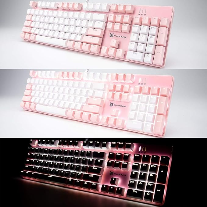 104 Keys Full Size Mechanical Keyboard | Brown Switch, Pink & White Color 104 Keys US Layout Led Backlit Hot Swappable Wired Mechanical Light Up Pink Keyboard | Wired Gaming Computer Keyboards