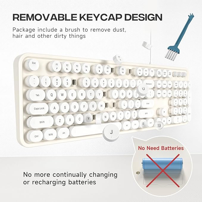 Computer Keyboard Wired, Plug Play USB Retro Round Typewriter Keyboard, Full Size Wired Keyboard with Foldable Stands for Laptop and Office PC