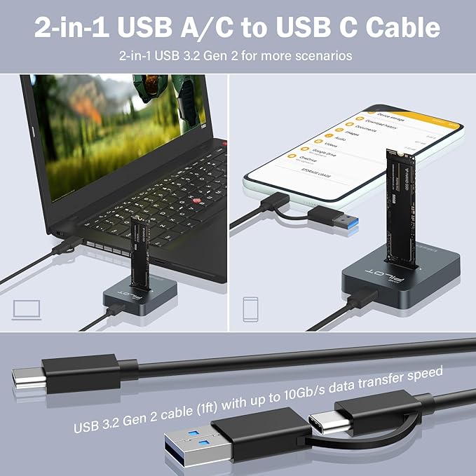 M.2 NVMe & SATA to USB C Docking Station, M.2 SSD to USB A C Reader Adapter for Both M.2 (M Key, B+M Key) NVMe and SATA NGFF SSD Dock, Size for 2280 2260 2242 2230 Enclosure - Aluminum Alloy