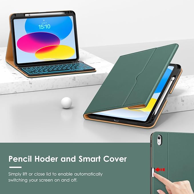VIKESI Keyboard Case for iPad (A16,2025) 11th Generation/iPad 10th Generation Case (10.9" 2022),Premium Leather Smart Cover,Built-in Breathing Light,Function Row,Pencil Holder,Card Slots - Green