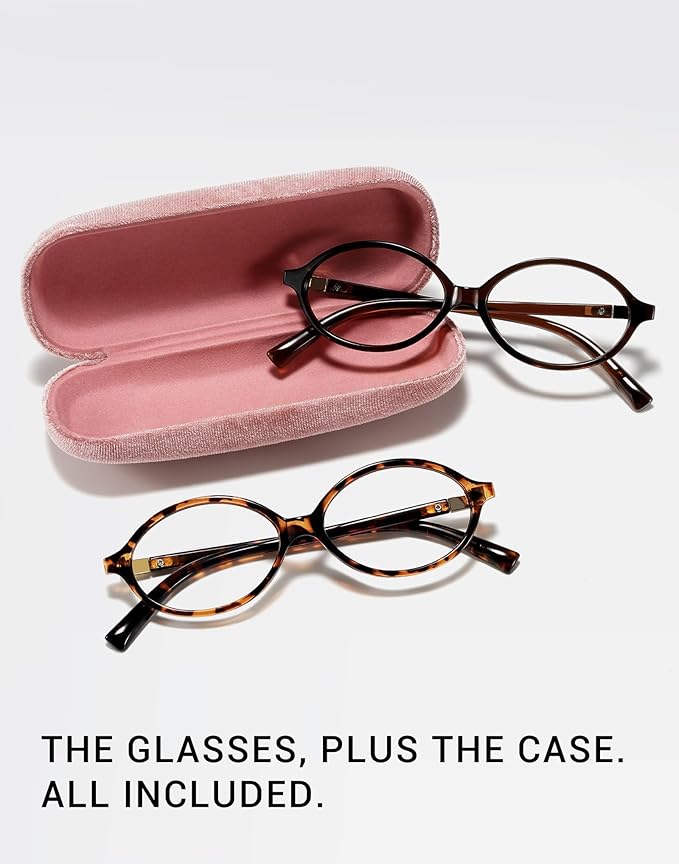 Slocyclub 2 pack Fashion Oval Glasses for Women Men Vintage Oval Small Frame Eyeglasses Retro Blue Light Blocking Glasses with Eyeglass Case, Brown and Whiskey Tortoise