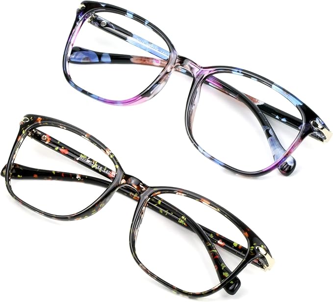 VisionGlobal 2 Pack Blue Light Blocking Glasses for Women Men, Stylish Square Frame(Pink+Floral)