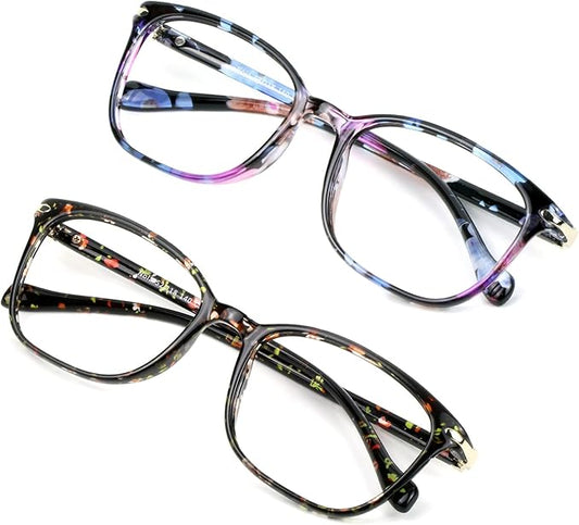 VisionGlobal 2 Pack Blue Light Blocking Glasses for Women Men, Stylish Square Frame(Pink+Floral)