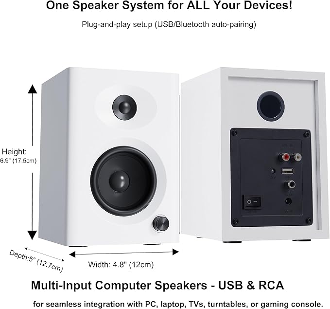 Computer Speakers for Desktop PC, 60W Bluetooth Surround Sound Speakers with Bass, Compact Powered Bookshelf Speakers for Office, Monitors, Laptop, Gaming, TV, Gifts (White, Pair)
