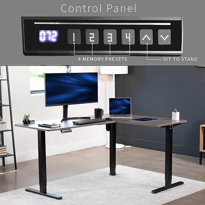 VIVO Corner Standing Desk, 63 x 47 inch Reversible L-Shaped Workstation, Electric Height Adjustment, Home, Office, and Reception Rooms, Dark Gray Table Top Black Frame, DESK-E3CTG-47