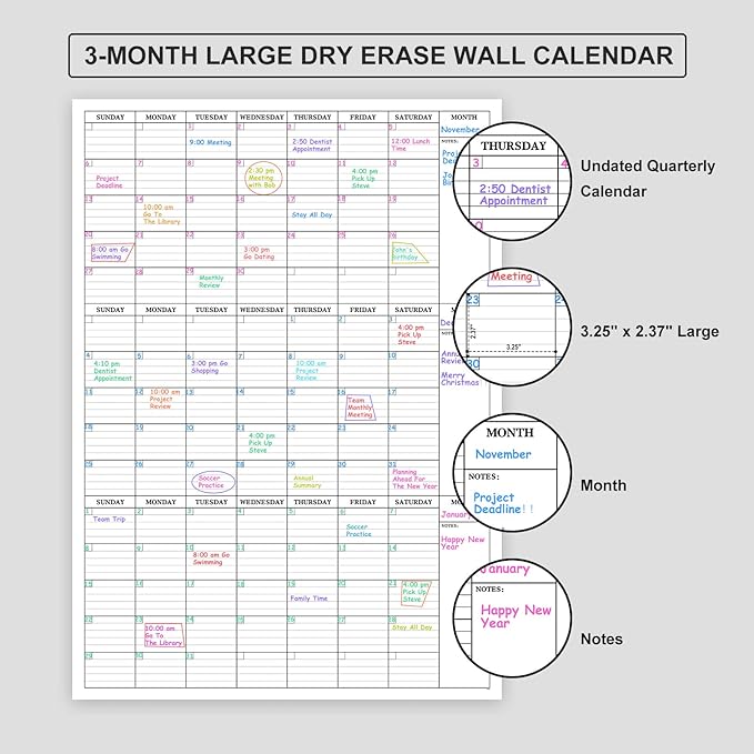 Large Dry Erase Calendar for Wall - 3 Month Vertical Wall Calendar, Reusable Quarterly Calendar Planner Undated, 27.8" x 41" Laminated Whiteboard