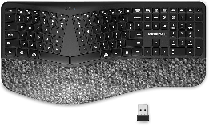 Micropack Wireless Ergonomic Split Keyboard with Cushioned Wrist Rest, Bluetooth & 2.4G Multi-Device Keyboard, USB-C Rechargeable, Quiet Scissor Switch for Mac, Windows & Office