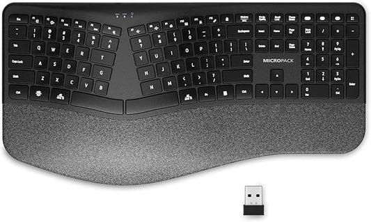 Micropack Wireless Ergonomic Split Keyboard with Cushioned Wrist Rest, Bluetooth & 2.4G Multi-Device Keyboard, USB-C Rechargeable, Quiet Scissor Switch for Mac, Windows & Office