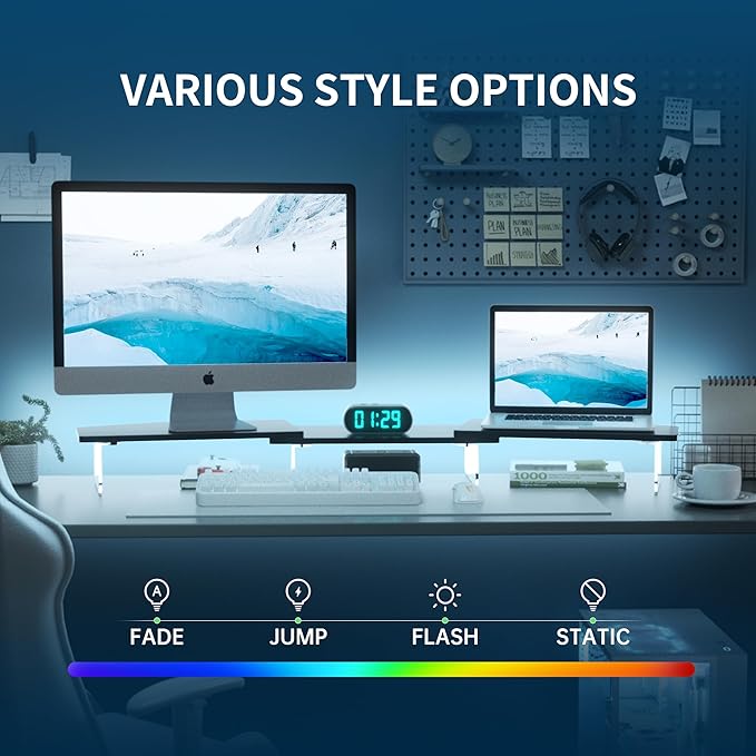 LED Dual Monitor Stand Riser for 2 Monitors,Office Desktop Wooden Stand Adjustable Length and Angle 3 Shelf,Extra Long Multifunctional Stand up to 44.4" for Computer,Laptop,TV,Black