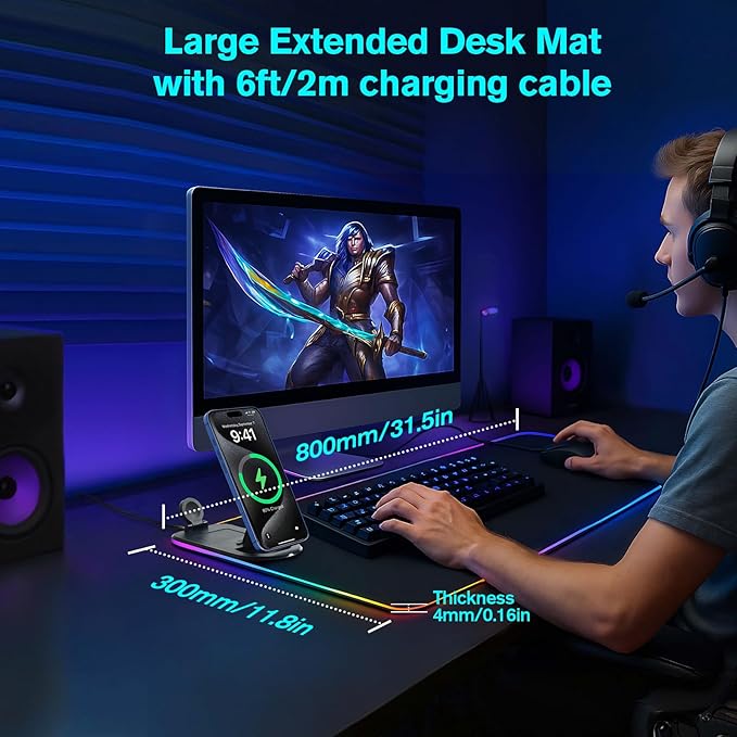 ELUTENG Mouse Pad with Phone Holder 4in1 Wireless Charging Desk Mat RGB Ultra-Smooth Gaming Mousepad Waterproof Home Office Large Desk Pad 31.5"x11.81" Large Desk Pad Non-Slip Base Keyboard Pad