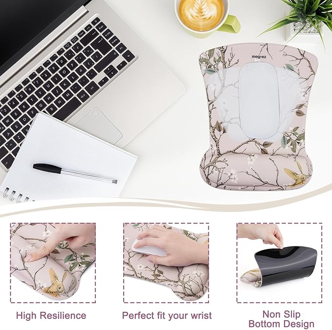 MEGREZ 4-in-1 Ergonomic Memory Foam Wrist Rest Set, Desk Pad, Mouse Pad with Wrist Rest, Keyboard Pad, Suitable for Office Workers, Programmers & Gamers–Relieve Typing & Gaming Fatigue, Light Brown