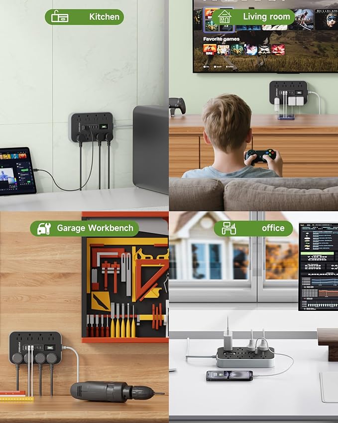 10 FT Extension Cord- Power Strip Surge Protector with 8 AC Outlet& 6 USB Ports(3 USB C) Charging Block, Ultra Thin Flat Extension Cord 10 Feet Wall Amount for Home, Office, Dorm Essentials.
