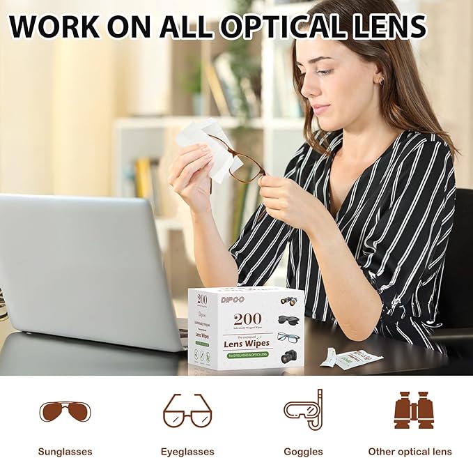 200 Count Lens Wipes for Eyeglasses, Eye Glasses Cleaner Wipes Pre-moistened Individually Wrapped Sracth-Free Streak-Free Eyeglasses Cleaning for Sunglass, Camera Lens, Goggles