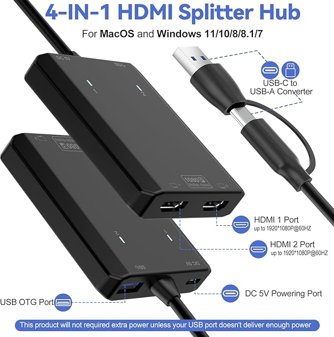 Herfair USB to HDMI Adapter [1080P Full HD] HDMI Splitter for Dual Monitors USB 3.0 to Extended Display Converter 1 in 2 Out Multiple Screen Extender for MacOS/Windows 11/10/8/7 Laptops