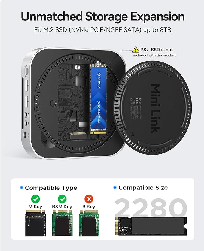 ORICO MiniLink Mac mini M4 USB Hub Compatibility with NVME/SATA M.2 SSD Enclosure, 9-in-1 Aluminum Dock,2 ×USB A 10Gbps, 2 × USB A 2.0,3.0 SD/TF Card Readers, 3.5mm Headphone & Microphone Jacks(M49P)