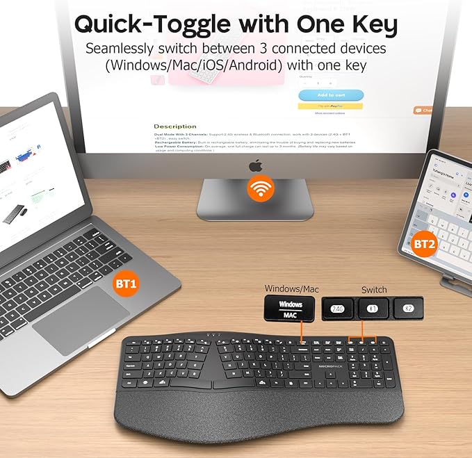 Micropack Wireless Ergonomic Split Keyboard with Cushioned Wrist Rest, Bluetooth & 2.4G Multi-Device Keyboard, USB-C Rechargeable, Quiet Scissor Switch for Mac, Windows & Office