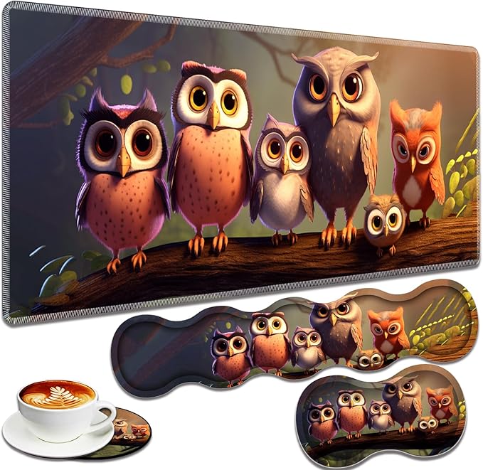 Large Gaming Mouse Pad + Keyboard Wrist Rest + Wrist Support + Coaster Set, Memory Foam Ergonomic for Easy Typing, XXL Extended Gaming Mouse Pad Table Pad - Cute Owl