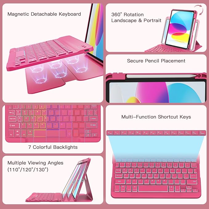 for iPad 11th(A16, 2025)/10th Generation Case with Keyboard, 360° Rotatable Case & Detachable Backlit Keyboard, Precision Cutouts and Pen Holder for iPad A16 11''/10th 10.9'', Hot Pink
