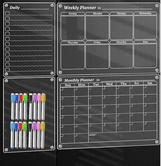 4Pcs Magnetic Calendar for Refrigerator, Clear Magnetic Dry Erase Fridge Calendar, Daily, Weekly, Monthly Planners & Whiteboard Calendar, w/ 2 Packs of 8 Markers
