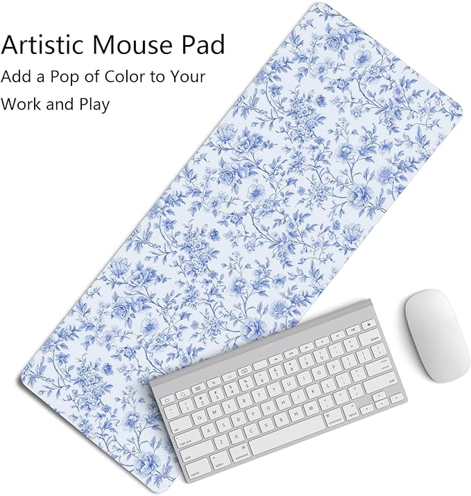 Light Blue Chinoiserie Mouse Pad,Vintage Blue and White Floral Desk Mat,XL Large Vintage Floral Preppy Mouse Pad,Girly Laptop Desk Mat for Dorm Home Office Decor,31.5x11.8 in