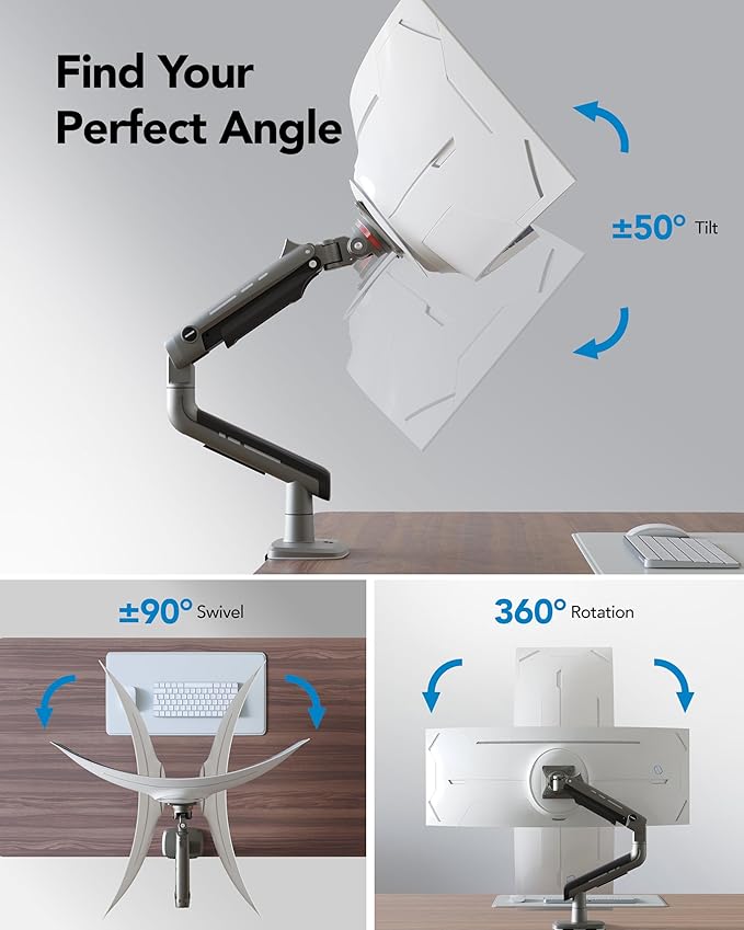HUANUO TitanLift Heavy Duty Monitor Arm for Screens up to 49", Holds 44 lbs, Aluminum Ultrawide Screen Monitor Mount, Fully Adjustable Single Gaming Desk Mount with Dual C-Clamp, Max VESA 100x100mm