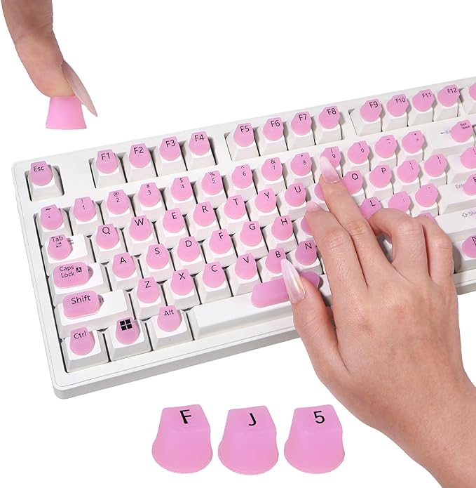 130 Pcs Keyboard Stickers for Long Nails, Ergonomics Raised Keyboard Stickers with Numbers, Self-Adhesive Round-Square PC Keyboard Tabs for Anti-Miss Typing (Pink)
