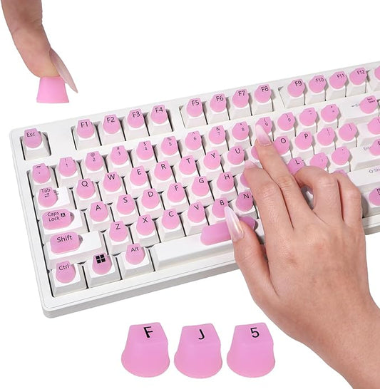 130 Pcs Keyboard Stickers for Long Nails, Ergonomics Raised Keyboard Stickers with Numbers, Self-Adhesive Round-Square PC Keyboard Tabs for Anti-Miss Typing (Pink)