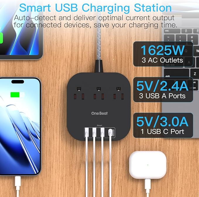 Power Strip - 10ft Long Extension Cord with USB C Ports, 3 Outlets 4 USB Desktop Charging Station, Flat Plug Power Strip Non Surge Protector for Cruise Ship, Travel Essetials, ETL Listed, Black