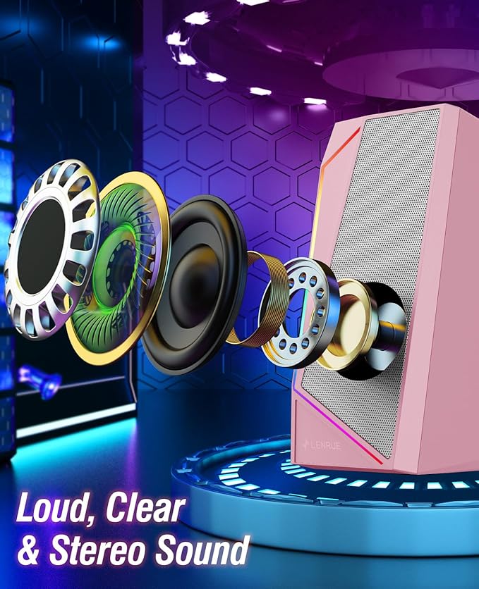 LENRUE Computer Speakers, USB/USB-C Powered PC Speakers with Loud Stereo Sound, Headphone-in for Desktop, Laptop, Monitor (USB-C to USB Adapter Included) (Pink)