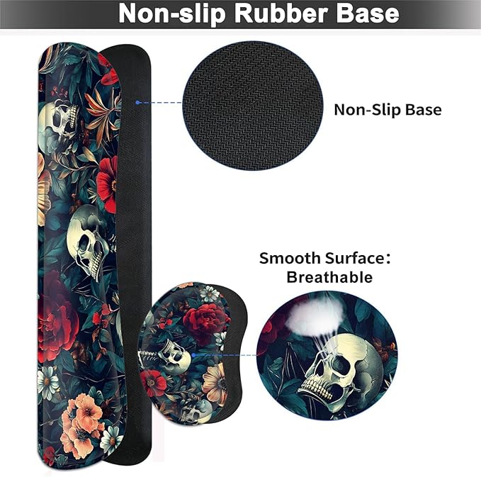 Large Mouse pad and Keyboard Support Set, Ergonomic Memory Foam Keyboard Wrist Rest, Extended Gaming Mouse Pad with Stitched Edges, Skeleton Zone XXL Desk Mat (31.5 X 11.8 in)