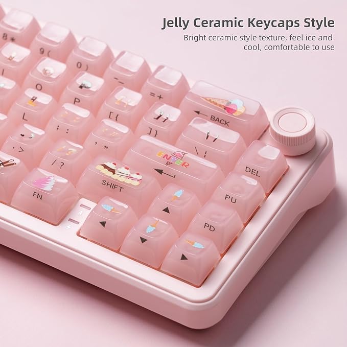 Womier Keyboard Keycaps Jelly,Ceramic Keycaps Style, Clear Ice-Cream Pink Cute Key Cap,Transparent Side Printed Custom 60 65 75 100 Percent for Cherry MX,Gateron Mechanical Keyboards,MDA Profile