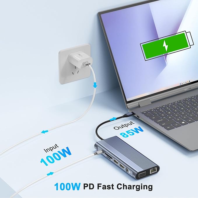 USB C Docking Station Dual Monitor for Dell/HP/Lenovo/Mac Laptop, Dual HDMI Adapter for 2 Monitors, 14 in 1 Laptop Docking Station Dual Monitor with 10Gbps USB/HDMI/VGA/PD/Ethernet/SD/TF/Audio/Mic