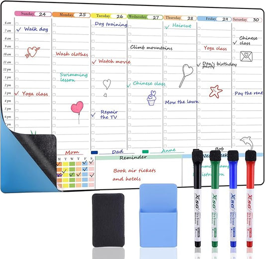 POPRUN Weekly Dry Erase Calendar 23.6" × 15.7", Non Magnetic Self Adhesive Planning Board with Time Slots for Wall Glass Wood Home Office