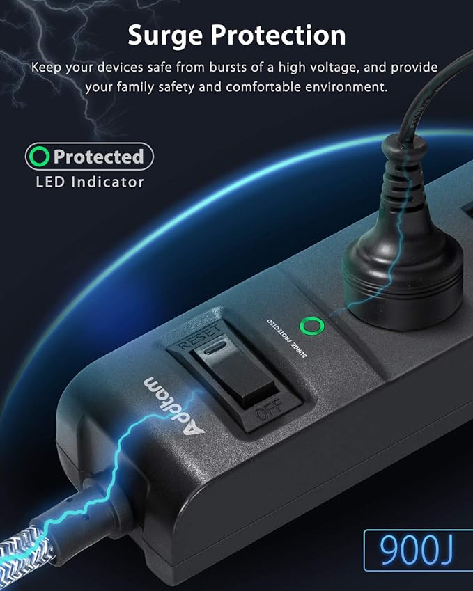 10Ft Long Surge Protector Power Strip - Extension Cord with Multiple Outlets, 5 Widely Outlets 3 USB Charging Ports, Flat Plug Overload Surge Protection, Wall Mount for Home, Office ETL Listed, 2 Pack