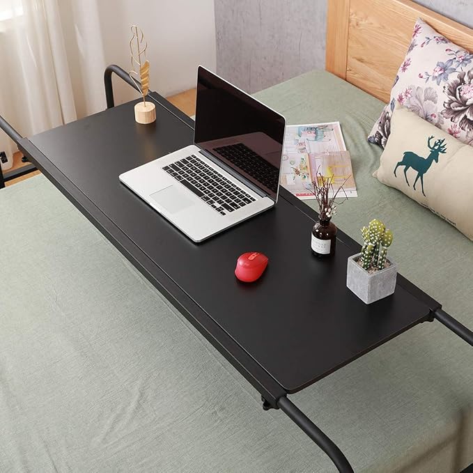 TigerDad Overbed Table with Wheels, 350lbs Capacity Heavy Duty Rolling Bed Desk for King Queen Bed, 55"-83" Adjustable Length & Height, Mobile Cross Bed Laptop Stand for 17 inch Computer, Black