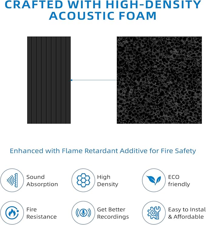 10 Pack Self-Adhesive Sound Proof Foam Panels for Walls – 48" x 12" XLarge Acoustic Panels, Decorative Sound Absorbing Wall Panels for Home, Office, Studio, Easy Peel and Stick Installation