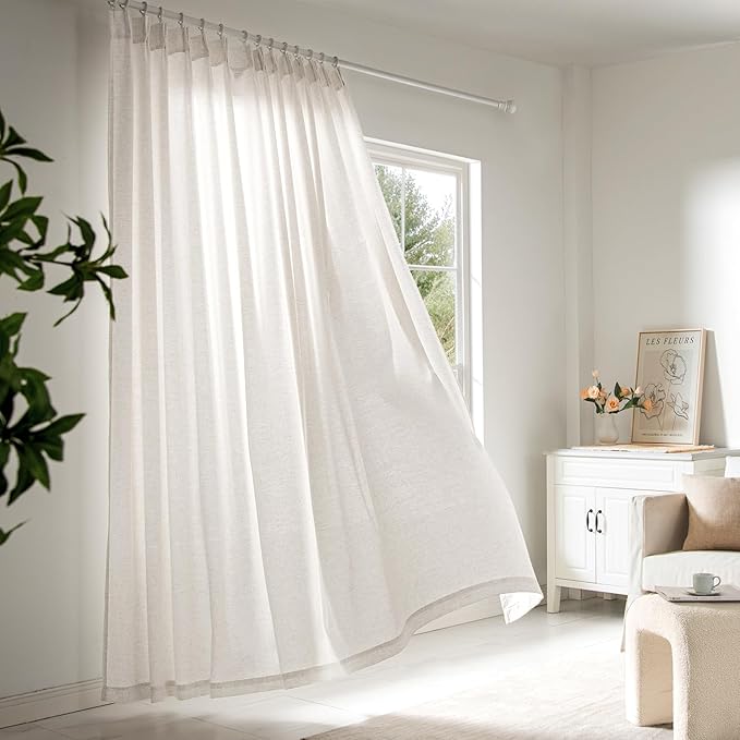 Memory Trained Pinch Pleated Curtains 96 Inches Long, Viral Linen Pinch Pleat Sheer Curtains with Ring Hooks&Clips for Track System Living Room, Natural Light Filtering Privacy Curtain 2 Panel Set
