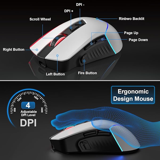 BlueFinger Wireless Gaming Keyboard and Mouse Combo, RGB Rainbow Backlit Rechargeable Battery, 87 Keys TKL Light Up Keyboard with Ergonomic Gaming Mouse for Mac Laptop Computer PC Gamer(Black & White)