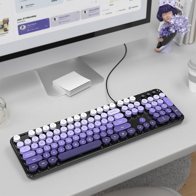 KNOWSQT Wired Computer Keyboard - Blackpurple Colorful Retro Full Size Round Keycaps Plug and Play Typewriter Cute Keyboards for Windows, Laptop, PC, Desktop, Computer