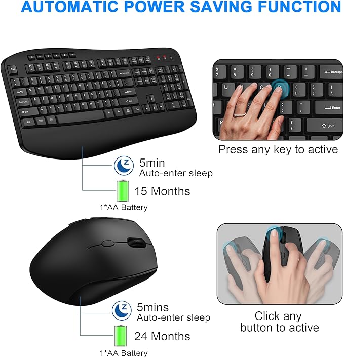 Wireless Keyboard and Mouse Combo, Full Size Ergonomic Keyboard with Palm Rest, Comfortable Natural Typing, 2.4G Lag-Free, Sleep Mode, 3 Level DPI Computer Mouse Keyboard for Laptop, Desktop, Windows