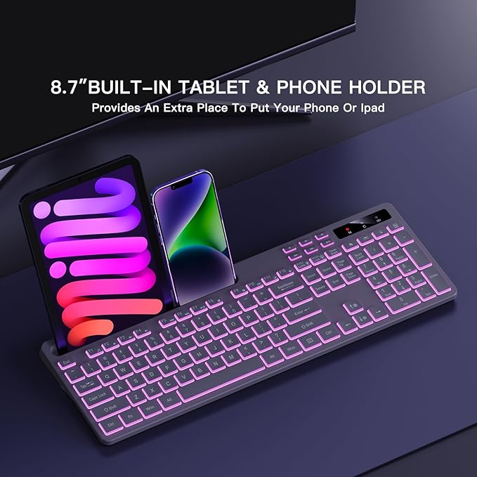 Wireless Keyboard with 7-Color RGB Backlit, Full-Size Computer Keyboard with Phone Tablet Holder, 2.4G Rechargeable Gaming Keyboard with Light Up Keys, Compatible with Mac, Windows (Grey)