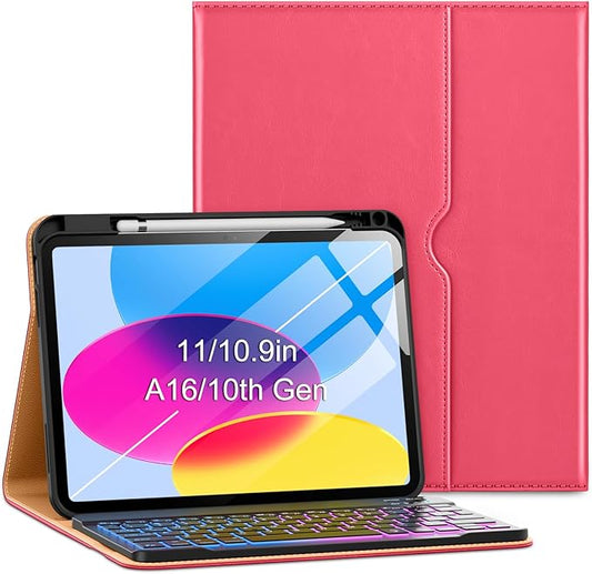 VIKESI Keyboard Case for iPad (A16,2025) 11th Generation/iPad 10th Generation Case (10.9" 2022), Premium Leather Smart Cover, Built-in Breathing Light, Function Row, Card Slots - Watermelon red