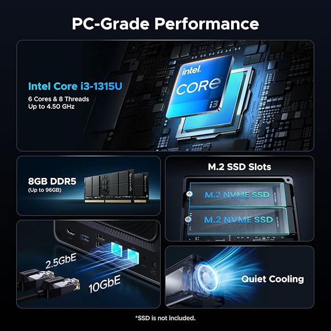 UGREEN NAS DXP4800 Pro 4-Bay Desktop NAS, Intel® Core™ i3-1315U 6-Core CPU, 8GB DDR5 RAM, 128G SSD, 1x 10GbE, 1x 2.5GbE, 2X M.2 NVMe Slots, 4K HDMI, Network Attached Storage (Diskless)