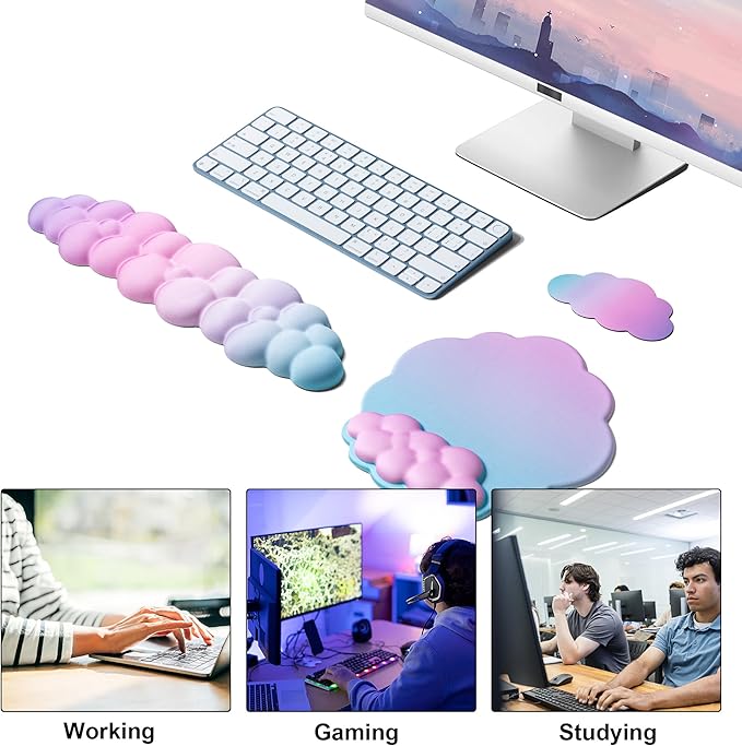 OUEST Cloud Wrist Rest Keyboard and Mouse Pad with Cute Ergonomic Memory Foam Non-Slip PU Base for Computer Mac Laptop Office Gaming-Cyan/Purple/Pink